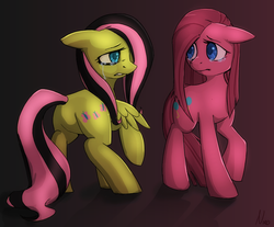 Size: 1024x848 | Tagged: safe, artist:xnir0x, fluttershy, pinkie pie, earth pony, pegasus, pony, g4, crying, cutie mark, duo, emo, emoshy, female, gradient background, looking at each other, mare, pinkamena diane pie, raised hoof, sad, wings