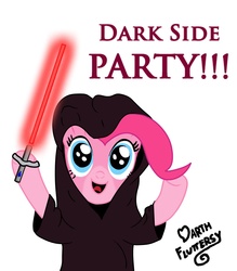 Size: 1134x1296 | Tagged: safe, artist:darthfluttershy, pinkie pie, earth pony, pony, g4, dark side, energy weapon, female, hooves, lightsaber, mare, open mouth, simple background, sith, solo, star wars, weapon, white background