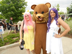 Size: 4320x3240 | Tagged: safe, artist:tehtig3r, fluttershy, rarity, human, g4, clothes, cosplay, costume, crossover, irl, irl human, pedobear, photo