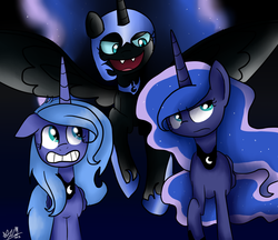 Size: 961x832 | Tagged: source needed, useless source url, safe, artist:jayivee, nightmare moon, princess luna, alicorn, pony, g4, female, filly, lunar trinity, mare, s1 luna, trio, woona