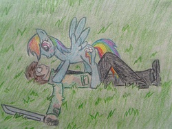 Size: 1600x1200 | Tagged: safe, artist:siftstone, rainbow dash, human, g4, duo, machete