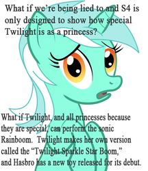 Size: 436x504 | Tagged: safe, lyra heartstrings, g4, alicorn drama, conspiracy lyra, drama, exploitable meme, female, hilarious in hindsight, meme, solo, xk-class end-of-the-world scenario