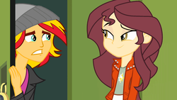 Size: 1920x1080 | Tagged: safe, normal norman, sunset shimmer, equestria girls, g4, my little pony equestria girls, background human, clothes swap, normsun, palette swap