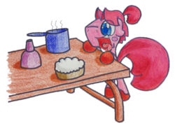 Size: 640x476 | Tagged: safe, artist:adurot, oc, oc only, pony, ask-pony-kirby, food, solo, table, traditional art