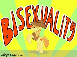 Size: 1024x768 | Tagged: safe, artist:vulapa, braeburn, earth pony, pony, g4, bisexuality, male, pride, rearing, solo, stallion