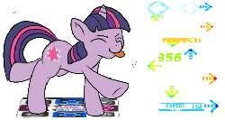 Size: 486x260 | Tagged: safe, artist:lustrous-dreams, edit, twilight sparkle, ask filly twilight, g4, :p, animated, dance dance revolution, dancing, do the sparkle, eyes closed, female, raised hoof, raised leg, rhythm game, simple background, smiling, solo, stepmania, tongue out, transparent, transparent background