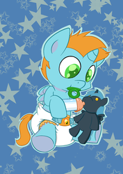 Size: 883x1248 | Tagged: safe, artist:artiecanvas, oc, oc only, oc:harmony star, alicorn, pony, alicorn oc, baby, baby pony, bottle, cutie mark diapers, diaper, foal, pacifier, plushie, poofy diaper, solo