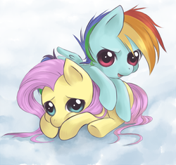 Size: 700x658 | Tagged: safe, artist:cielaart, fluttershy, rainbow dash, g4, cute, duo, filly, looking at you, lying down, younger