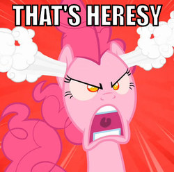Size: 399x396 | Tagged: safe, pinkie pie, earth pony, pony, g4, angry, colored pupils, d:, female, frown, glare, glowing eyes, heresy, image macro, mare, motion lines, open mouth, reaction image, red background, simple background, solo, steam, sunburst background, uvula