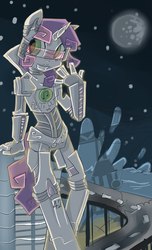 Size: 1041x1717 | Tagged: safe, artist:facerenon, sweetie belle, robot, anthro, g4, 42, female, giant anthro, giant robot, macro, moon, pacific rim, plotout, solo, sweetie bot, water