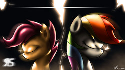 Size: 3840x2160 | Tagged: safe, artist:neko-me, rainbow dash, scootaloo, g4, abstract background, broken glass, duo, eyes closed, frown, two sides