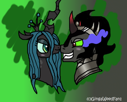 Size: 760x614 | Tagged: dead source, safe, artist:gingaweedfan1, king sombra, queen chrysalis, changeling, changeling queen, umbrum, g4, antagonist, blushing, boop, female, gradient background, male, ship:chrysombra, shipping, straight, unholy matrimony