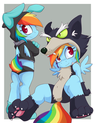 Size: 919x1181 | Tagged: safe, artist:grumblepluck, rainbow dash, pegasus, anthro, g4, animal costume, animal hoodie, anthro ponidox, belly button, bunny costume, bunny ears, clothes, cosplay, costume, cute, dangerous mission outfit, female, fursuit, hoodie, looking at you, looking back, looking back at you, paw gloves, paw pads, rainbow dash always dresses in style, short tail, smiling, solo, wolf costume
