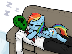 Size: 1200x900 | Tagged: safe, artist:livesmutanon, rainbow dash, oc, oc:anon, human, pegasus, pony, g4, /mlp/, clothes, colored, couch, cuddling, eyes closed, female, human on pony snuggling, male, mare, simple background, sleeping, snuggling, white background, zzz