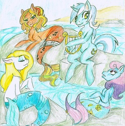 Size: 1698x1715 | Tagged: safe, artist:coraline-176, lyra heartstrings, oc, merpony, g4, lyre, musical instrument, ocean, traditional art