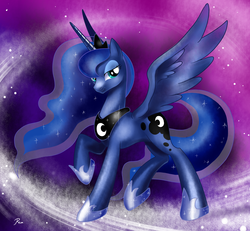 Size: 2700x2500 | Tagged: safe, artist:renokim, princess luna, alicorn, pony, g4, crown, dream walker luna, ethereal mane, eyelashes, female, green eyes, high res, hoof shoes, horn, jewelry, night, purple background, regalia, signature, simple background, smiling, solo, sparkles, spread wings, stars, wings