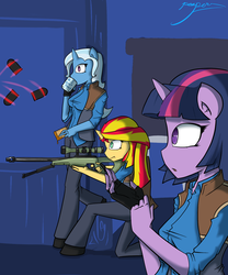 Size: 1500x1800 | Tagged: safe, artist:xonitum, sunset shimmer, trixie, twilight sparkle, unicorn, anthro, unguligrade anthro, equestria girls, g4, counterparts, crossover, gun, horn, magical trio, mug, oh crap, optical sight, peanut butter crackers, rifle, scrunchy face, sniper, sniper (tf2), sniper rifle, team fortress 2, this will end in death, twilight's counterparts, weapon