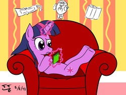 Size: 1600x1200 | Tagged: safe, artist:tomtornados, twilight sparkle, g4, armchair, blue's clues, chair, colored, female, handy-dandy notebook, magic, mare, notebook, solo, thinking chair