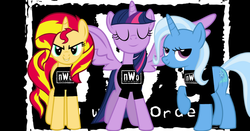 Size: 1300x683 | Tagged: safe, sunset shimmer, trixie, twilight sparkle, alicorn, pony, unicorn, g4, counterparts, female, magical trio, mare, new world order, nwo, twilight sparkle (alicorn), twilight's counterparts, wcw, wrestling