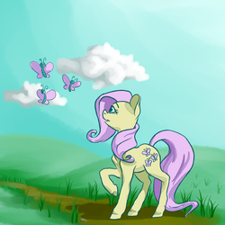 Size: 2000x2000 | Tagged: safe, artist:eggsammich, fluttershy, butterfly, g4, cloud, female, scenery, solo, wingless