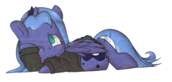 Size: 1024x492 | Tagged: safe, artist:lunechapaillini, princess luna, g4, female, filly, simple background, solo, sweatshirt, woona