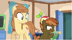 Size: 300x168 | Tagged: safe, button mash, oc, oc:cream heart, earth pony, pony, button's adventures, g4, animated, earth pony oc, female, image macro, it's time to stop posting, male, mare, mother and child, mother and son
