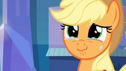 Size: 853x480 | Tagged: safe, screencap, applejack, earth pony, pony, equestria girls, g4, my little pony equestria girls, 1 hour 13 min 18 sec, 1:09:17, applejack's hat, cowboy hat, crying, crying on the outside, female, hat, solo, tears of joy, wavy mouth