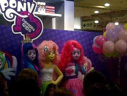 Size: 640x480 | Tagged: safe, fluttershy, pinkie pie, rainbow dash, twilight sparkle, equestria girls, g4, abomination, animegao kigurumi, balloon, cardboard cutout, clothes, cosplay, irl, nightmare fuel, only the dead can know peace from this evil, peruvian nightmare squad, photo