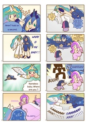 Size: 1480x2071 | Tagged: safe, artist:howxu, princess cadance, princess celestia, princess luna, twilight sparkle, human, comic:humanized pony comic, g4, alicorn tetrarchy, baby, comic, cute, horn, horned humanization, humanized, twiabetes, winged humanization