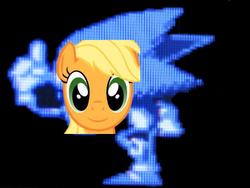 Size: 960x720 | Tagged: safe, applejack, earth pony, hedgehog, pony, g4, creepy, crossover, female, fun is infinite, majin sonic, male, mare, smiling, sonic cd, sonic the hedgehog, sonic the hedgehog (series)