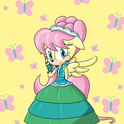 Size: 1000x1000 | Tagged: safe, artist:13throse, fluttershy, anthro, g4, green isn't your color, clothes, dress, female, modelshy, solo, sonic the hedgehog (series), sonicified, species swap, style emulation