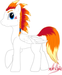 Size: 390x474 | Tagged: safe, artist:drake, oc, oc only, oc:drake, pegasus, pony, braid, feather, male, ponified, simple background, solo, spiky mane, wings