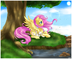 Size: 2389x1944 | Tagged: safe, artist:xnightmelody, angel bunny, fluttershy, g4, calm, day, full body, grass, lying down, lying on the ground, nature, profile, prone, side view, spread wings, tree, water, wind, windswept mane, wings