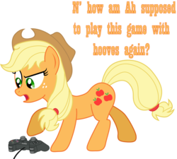 Size: 1024x921 | Tagged: safe, artist:gutovi, applejack, g4, female, playstation, simple background, solo, text