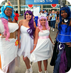 Size: 1024x1048 | Tagged: safe, artist:checkerboardprincess, artist:wickedqueenv, princess celestia, princess luna, rarity, sweetie belle, human, g4, 2013, clothes, convention, cosplay, dress, glasses, irl, irl human, photo, royal sisters, san diego comic con, sisters