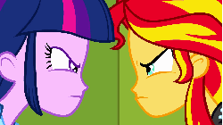 Size: 1920x1080 | Tagged: safe, screencap, sunset shimmer, twilight sparkle, equestria girls, g4, my little pony equestria girls, angry, animated, female, smug