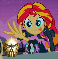 Size: 363x369 | Tagged: safe, fluttershy, pinkie pie, rainbow dash, sunset shimmer, equestria girls, g4, my little pony equestria girls, bionicle, kanohi ignika, lego, mask of life, meme, sunset shimmer reaching for things, this will end in tears