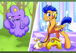 Size: 4134x2912 | Tagged: safe, artist:merionic, flash sentry, g4, adventure time, blushing, crossover, lumpy space princess, male, phone