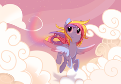 Size: 5000x3467 | Tagged: safe, artist:wicklesmack, oc, oc only, oc:glittering cloud, pony, cloud, cloudy, colored wings, female, flying, gradient wings, mare, sky, smiling, solo, spread wings, trail, wings