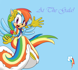Size: 900x818 | Tagged: safe, artist:13throse, rainbow dash, anthro, g4, clothes, dress, female, gala dress, solo, sonic the hedgehog (series), sonicified, species swap, style emulation