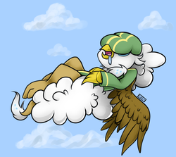 Size: 732x652 | Tagged: safe, artist:srsishere, oc, oc only, oc:chrono the griffon, griffon, claws, cloud, cloudy, commission, drool, hat, lying down, lying on a cloud, on a cloud, paws, sleeping, snoring, solo