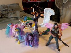 Size: 2048x1536 | Tagged: safe, princess celestia, princess luna, dragon, g4, brushable, female, hokuto no ken, irl, kenshiro, photo, pinklestia, princess rambo, toy