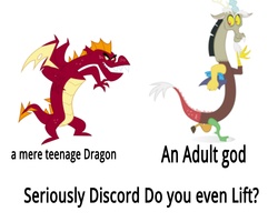 Size: 5000x4000 | Tagged: safe, discord, garble, dragon, g4, absurd resolution, comparison, do you even lift, meme, text