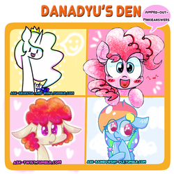 Size: 636x634 | Tagged: safe, pinkie pie, princess celestia, rainbow dash, twist, g4, :d, alternate hairstyle, blush sticker, blushing, bust, eyes open, jumped-out-pinkieanswers, looking at you, open mouth, open smile, portrait, smiling, traditional art