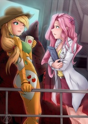 Size: 642x900 | Tagged: safe, artist:animeflux, applejack, fluttershy, human, g4, clothes, crossover, female, humanized, lesbian, neon genesis evangelion, ship:appleshy, shipping