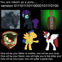 Size: 1000x1000 | Tagged: safe, flash sentry, oc, oc:fausticorn, oc:nyx, human, g4, ace combat 5, alduin, ambition, armor, binary, duke crabtree, ghosts of razgriz, meme, numbers, reborn as a pony, skyrim, the elder scrolls