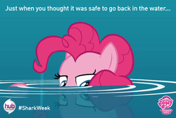 Size: 564x380 | Tagged: safe, pinkie pie, g4, official, discovery channel, female, hub logo, hubble, shark week, solo, the hub, water