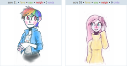 Size: 519x272 | Tagged: safe, fluttershy, rainbow dash, human, g4, blushing, exploitable meme, humanized, juxtaposition, juxtaposition win, meme