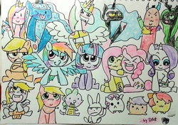 Size: 921x650 | Tagged: safe, angel bunny, apple bloom, applejack, big macintosh, derpy hooves, discord, fluttershy, nightmare moon, opalescence, pinkie pie, princess cadance, princess celestia, princess luna, queen chrysalis, rainbow dash, rarity, scootaloo, spike, sweetie belle, twilight sparkle, earth pony, pony, g4, ask-rainbowshy-plz, blushing, cutie mark crusaders, male, muffin, stallion, traditional art