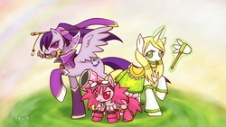 Size: 1897x1067 | Tagged: safe, artist:howxu, earth pony, pegasus, pony, unicorn, ponified, tartaros online, trio